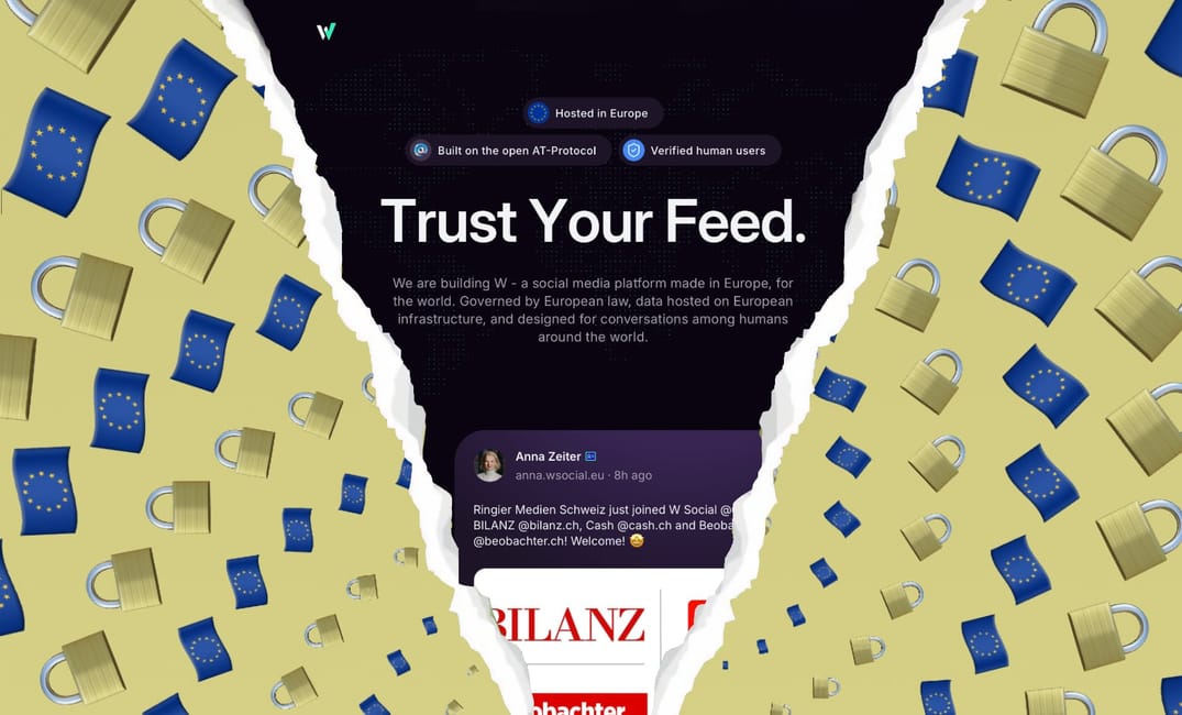 a graphic showing a montage of two images: the European flag and a lock symbol and in the center the homepage of W Social