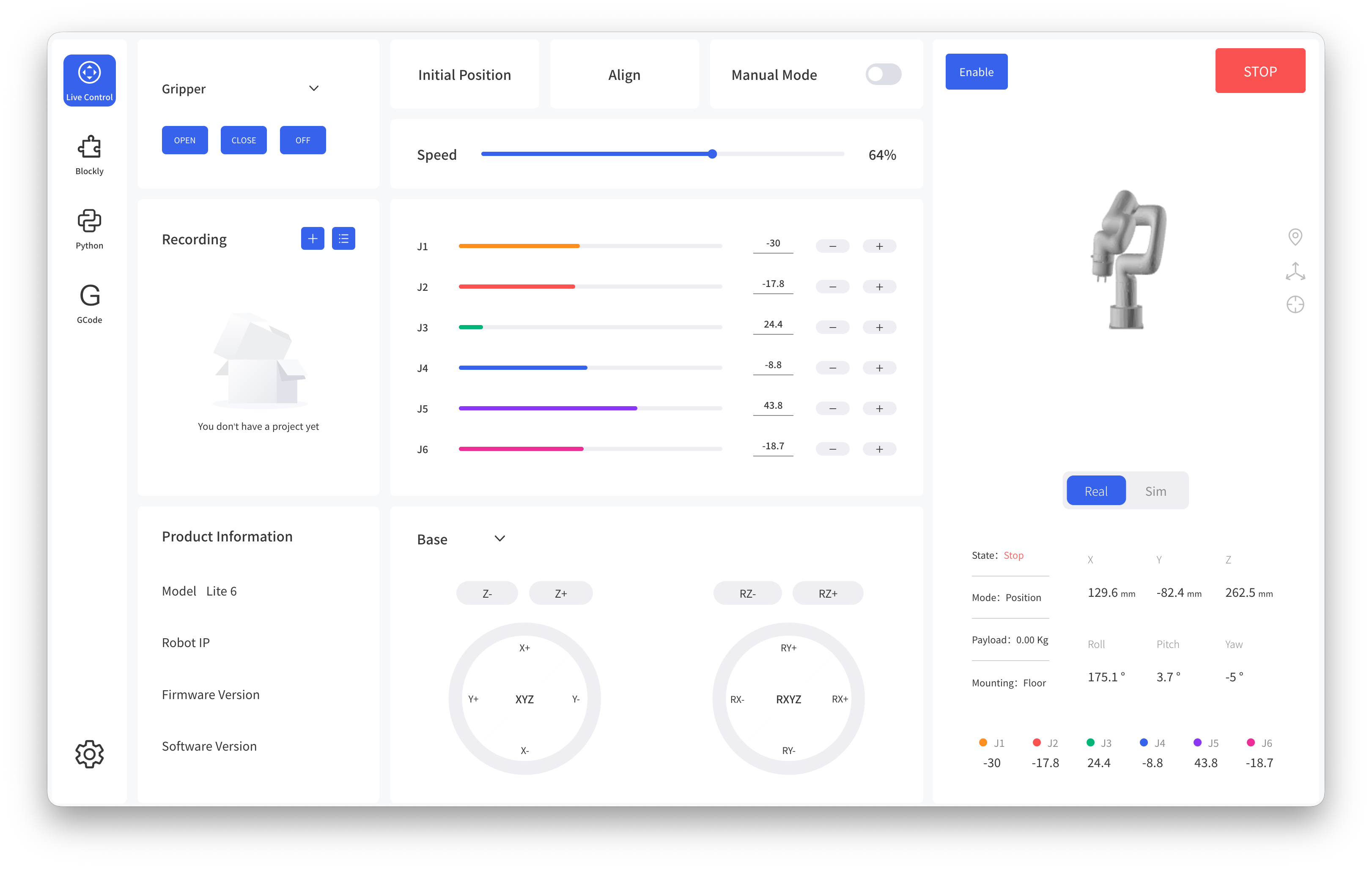 Screenshot of the UFACTORY web interface for controlling the arm.