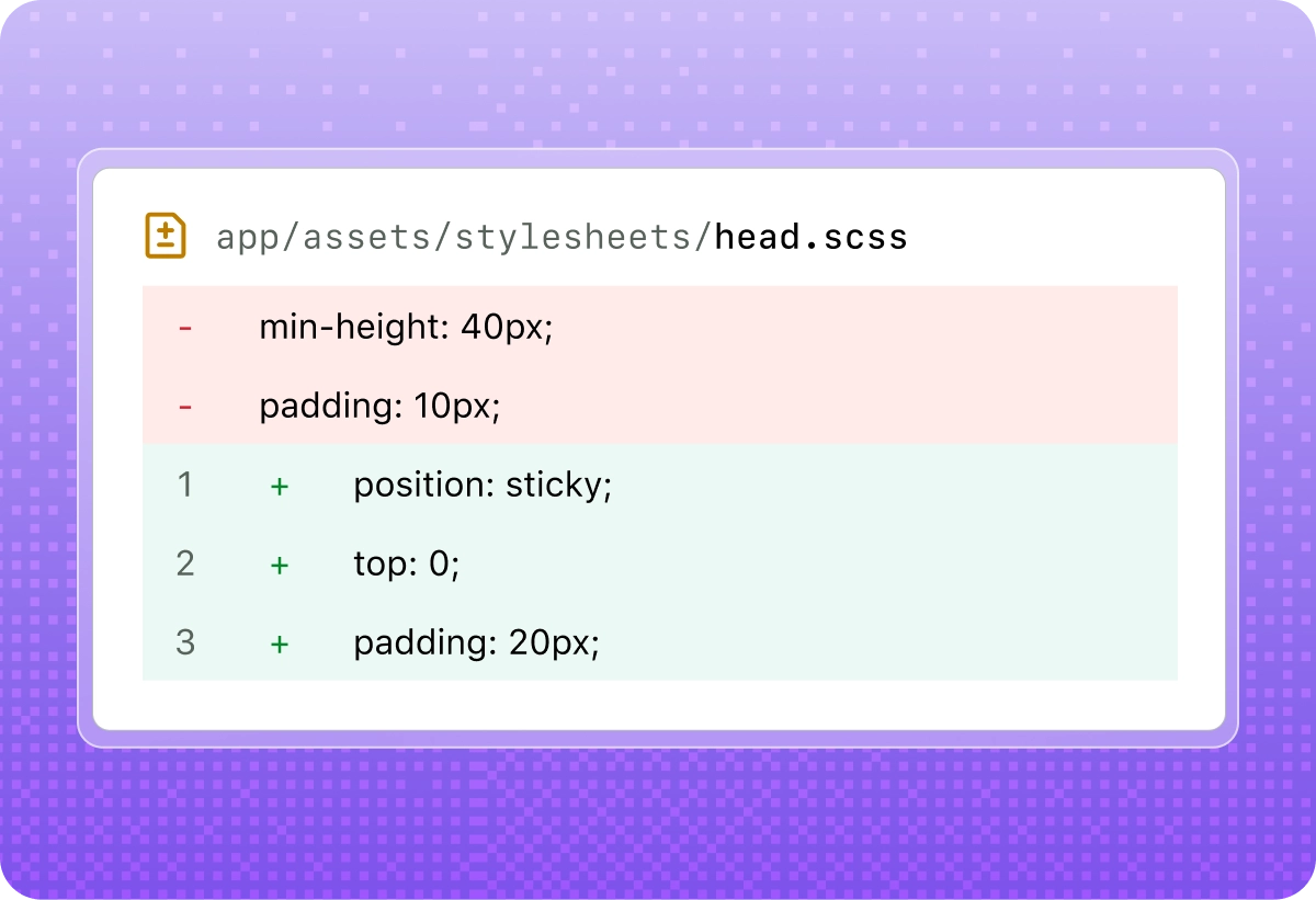 Code diff in a stylesheet file showing CSS updates, with removed properties highlighted in red and new properties highlighted in green, including changes to positioning, spacing, and layout.