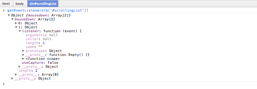 Expanded view of listener object