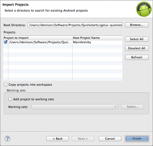 Displays the Eclipse import project dialog with the quickstart project selected.