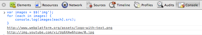 Example of using $$() to select all images in the document and display their sources.